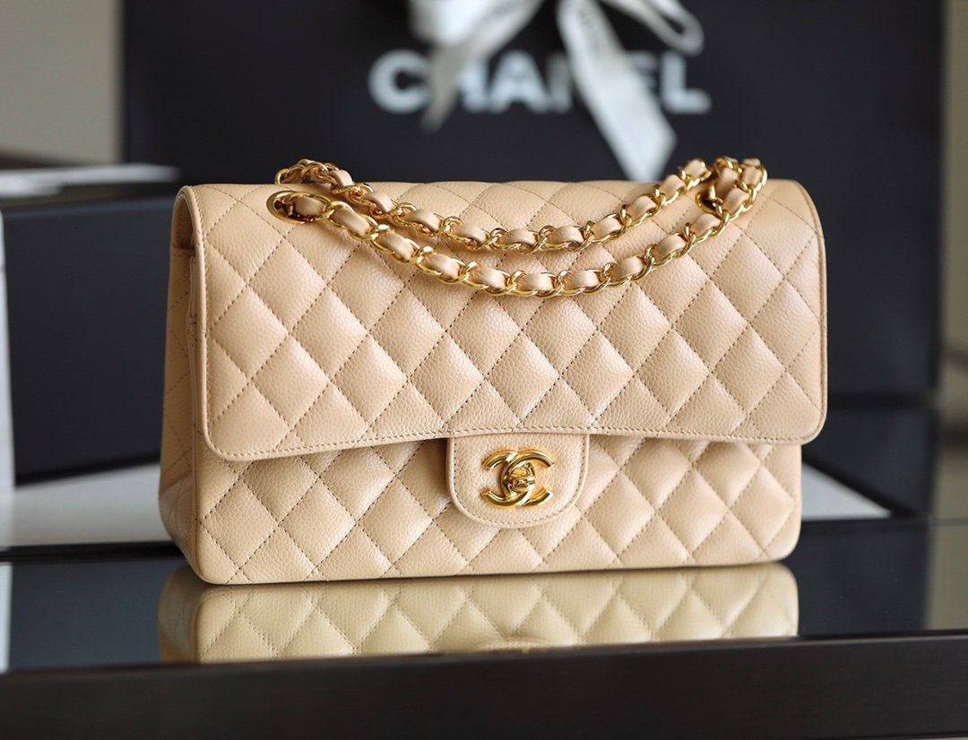 CHANEL Medium Classic Double Flap Bag – Apricot Caviar Leather with 24K Shiny Gold Hardware detail image 1 sourced from womanlvbag.com