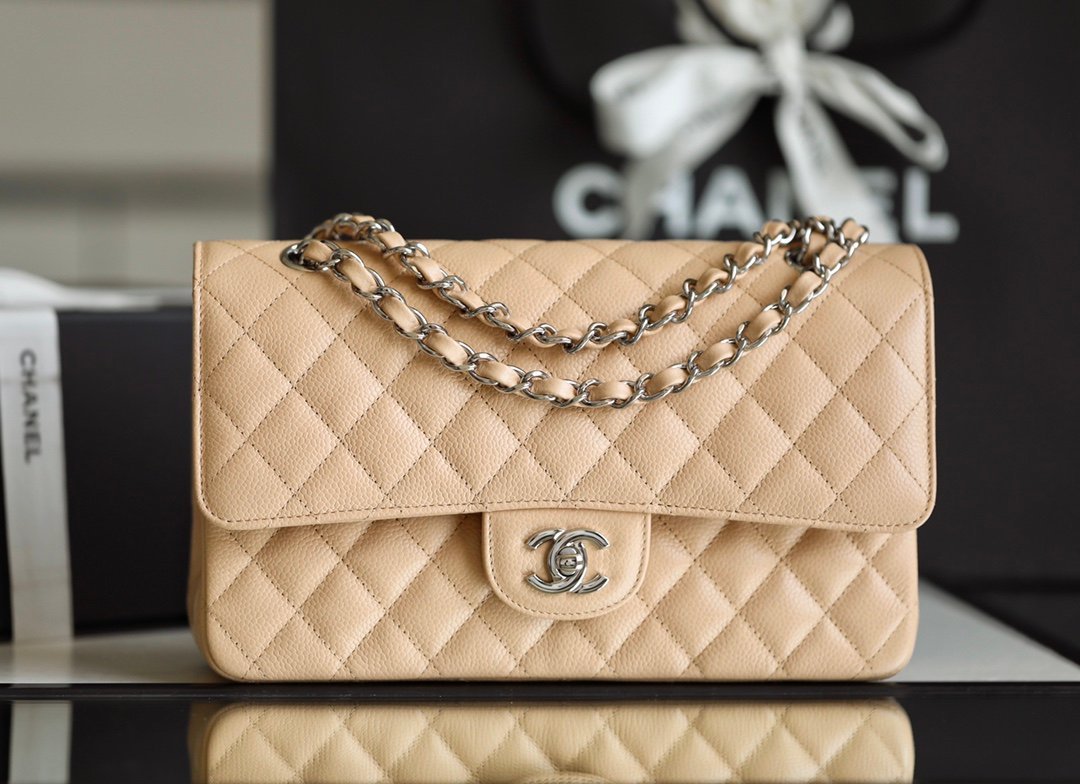 CHANEL Medium Classic Double Flap Bag – Apricot Caviar Leather with Silver-Tone Hardware detail image 1 sourced from womanlvbag.com