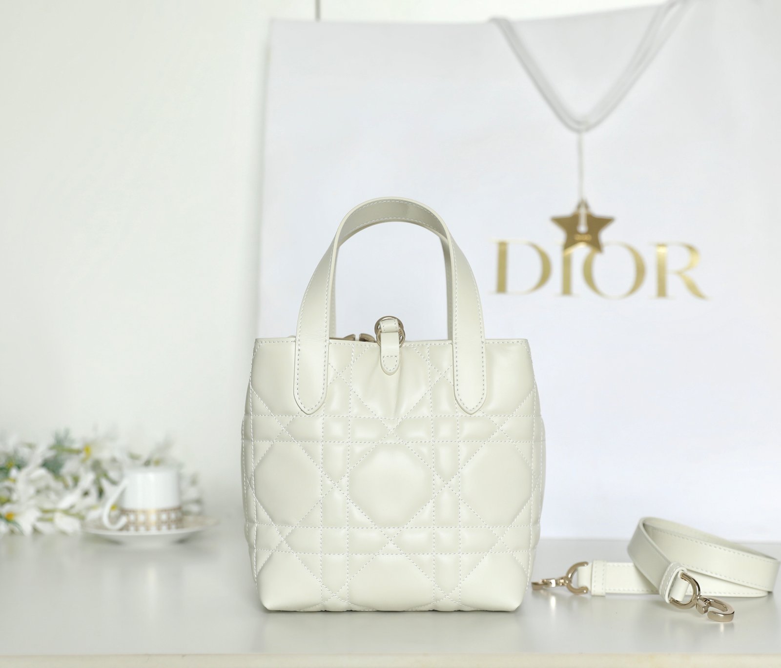 Small DIOR TOUJOURS Vertical Tote Bag (Latte Calfskin) detail image 2 sourced from womanlvbag.com