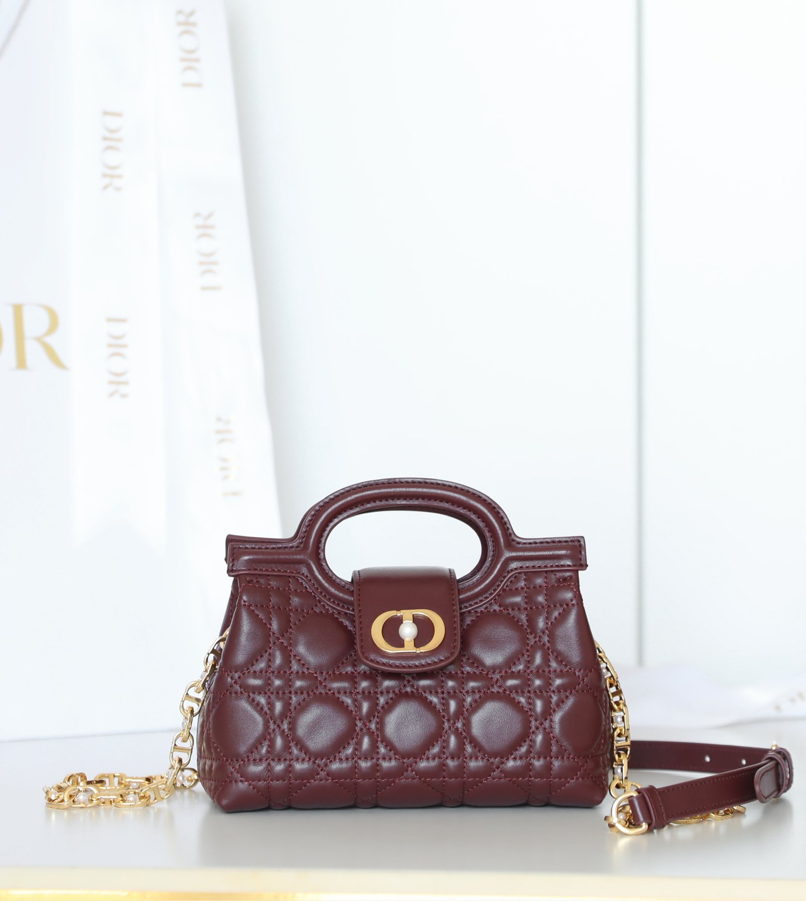 DIOR JOLIE Top Handle Mini Bag (Burgundy Lambskin with Pearls) detail image 1 sourced from womanlvbag.com