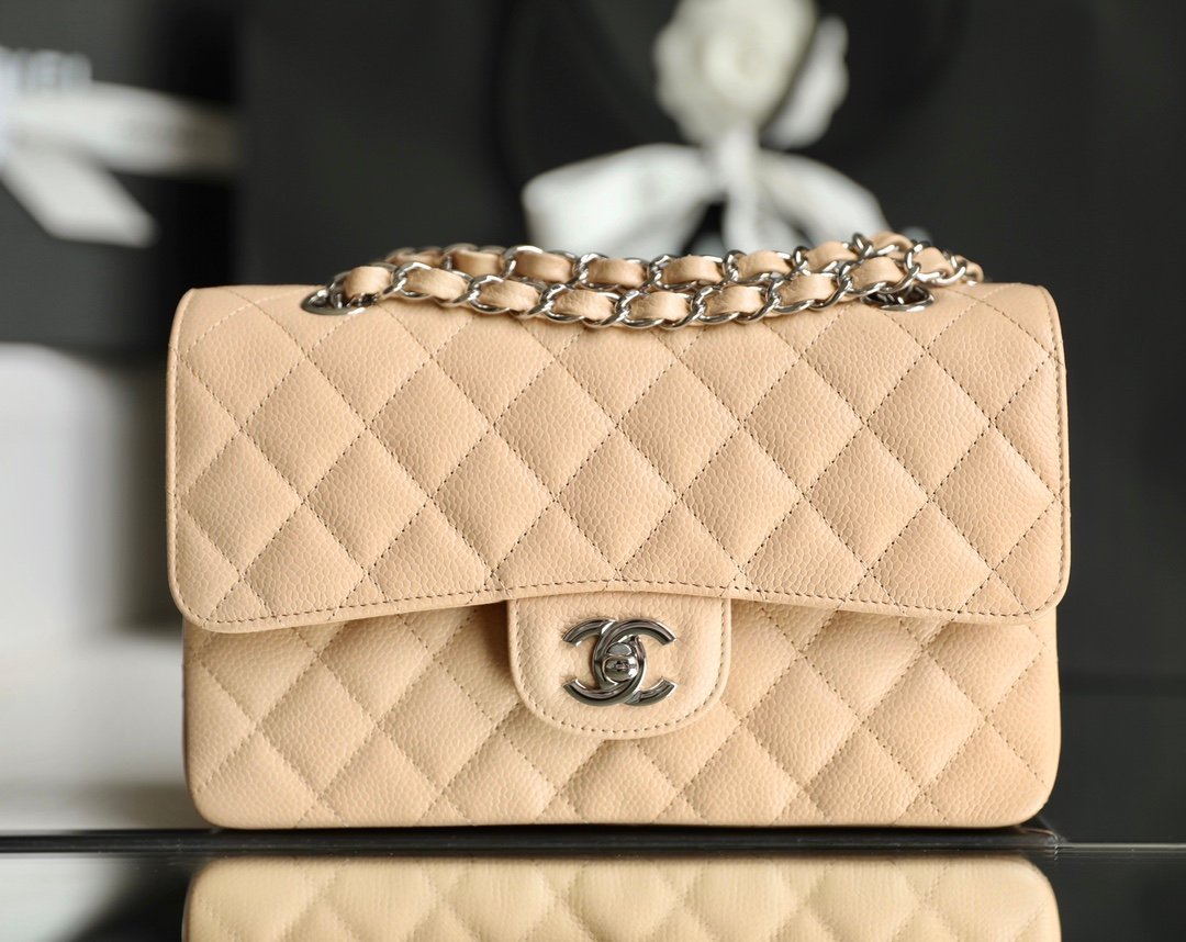 CHANEL Small Double Flap Bag – Apricot Caviar Leather with Silver-Tone Hardware detail image 1 sourced from womanlvbag.com