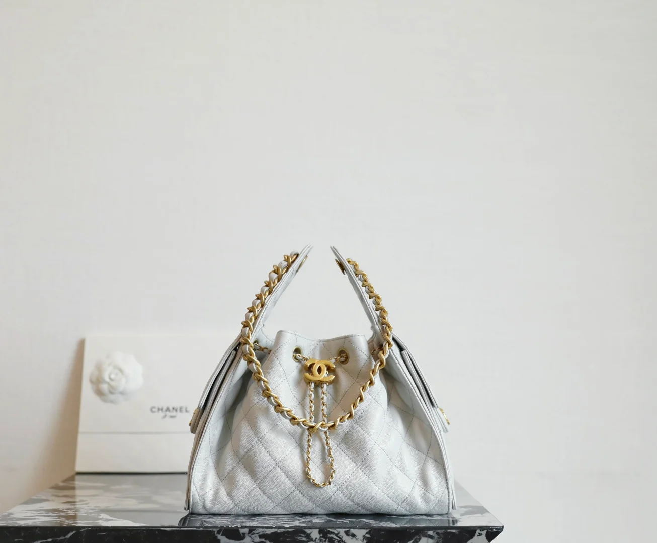 Chanel 25 Small Hobo Bag light gray caviar everyday use view 2