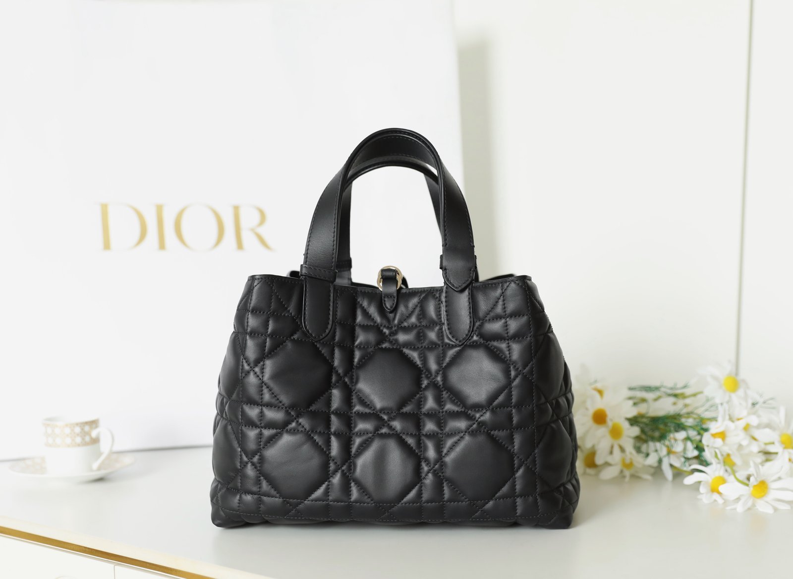 Medium Dior Toujours bag in black calfskin sourced from womanlvbag.com