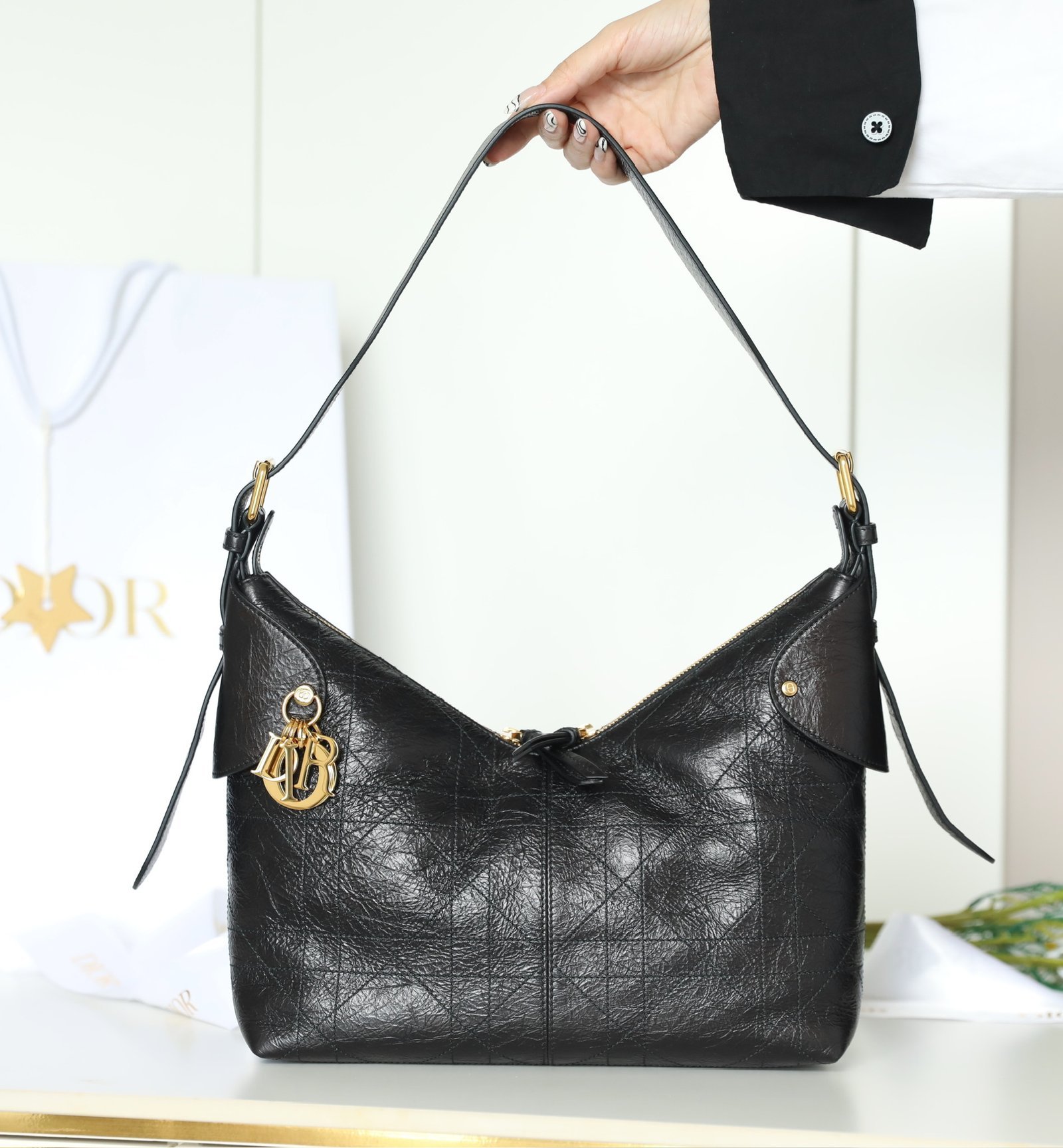 DIOR VOYAGE Medium Bag (Black Crinkled Calfskin) detail image 1 sourced from womanlvbag.com