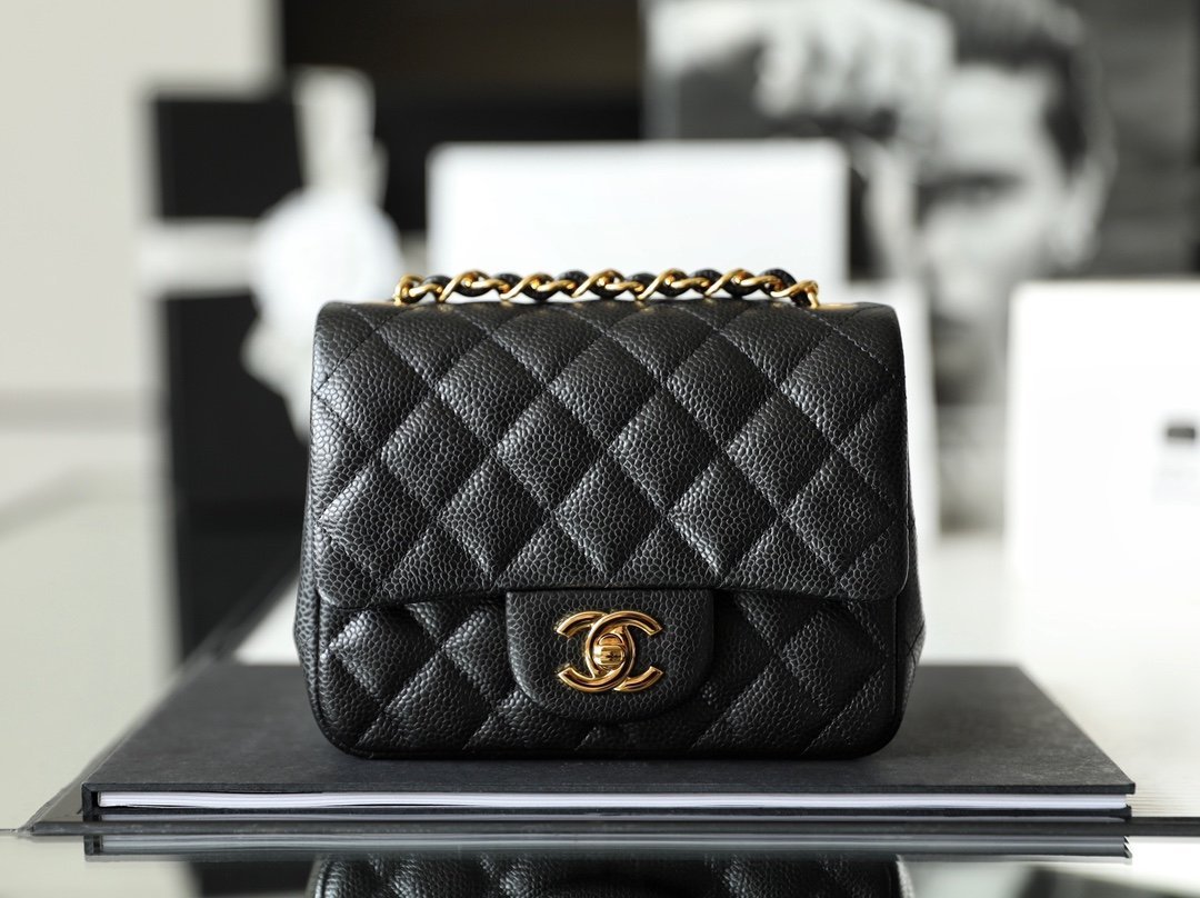 CHANEL Mini Square Classic Flap Bag – Black Caviar Leather with 24K Shiny Gold Hardware detail image 1 sourced from womanlvbag.com