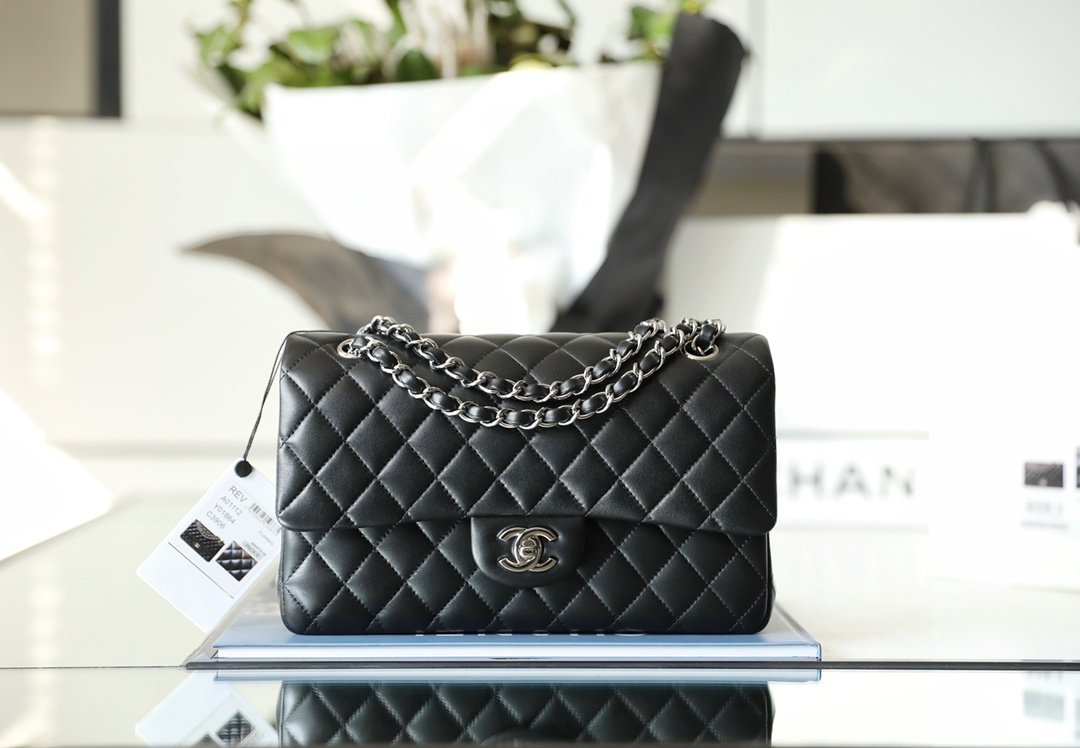CHANEL Medium Classic Double Flap Bag – Black Lambskin Leather with Silver-Tone Hardware detail image 1 sourced from womanlvbag.com