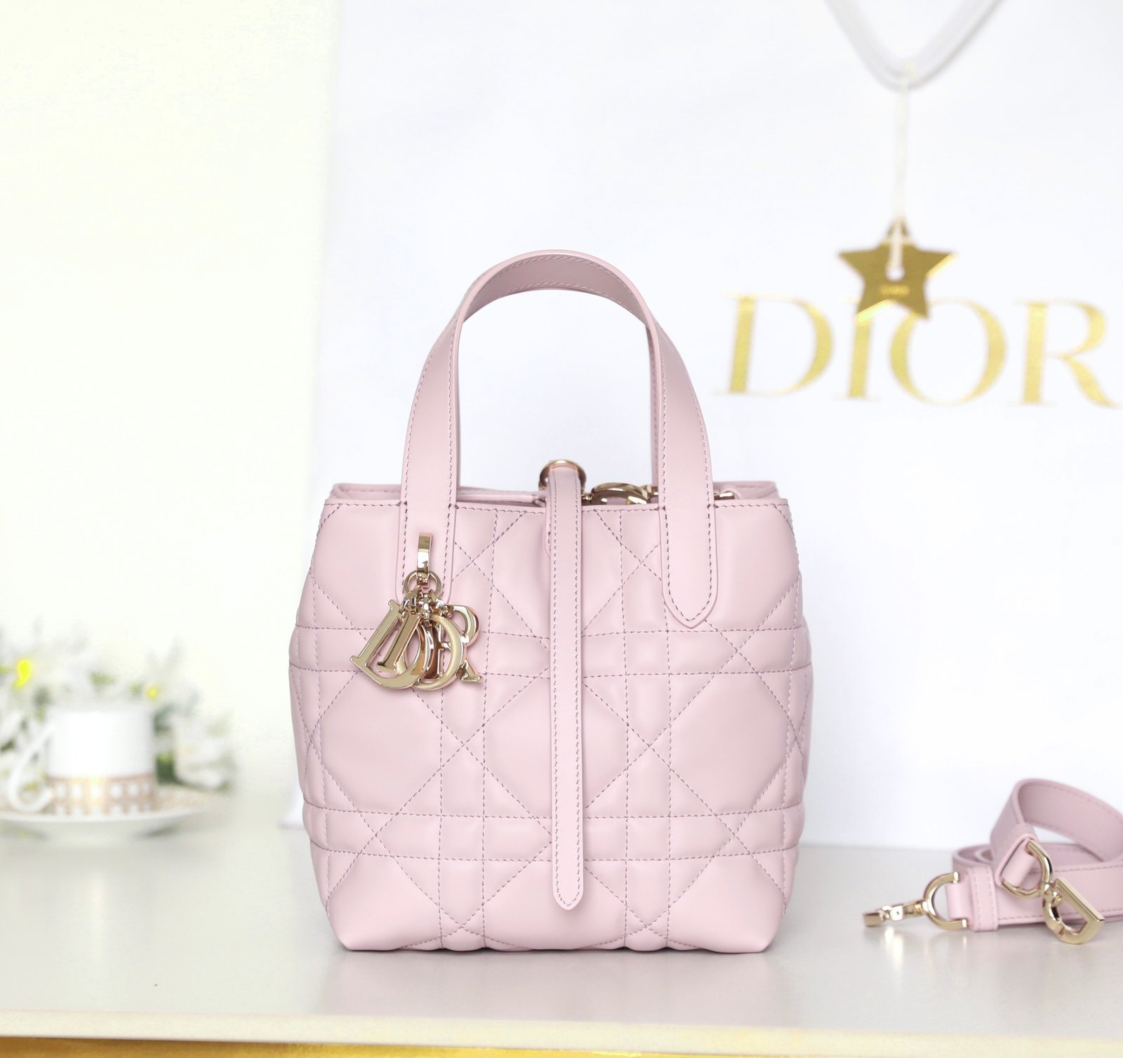 Small DIOR TOUJOURS Vertical Tote Bag (Pink Calfskin) detail image 1 sourced from womanlvbag.com