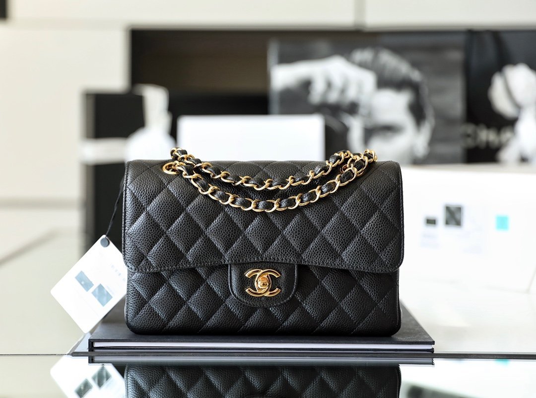 Chanel Small Classic Double Flap Bag black caviar leather 24K gold hardware view 1