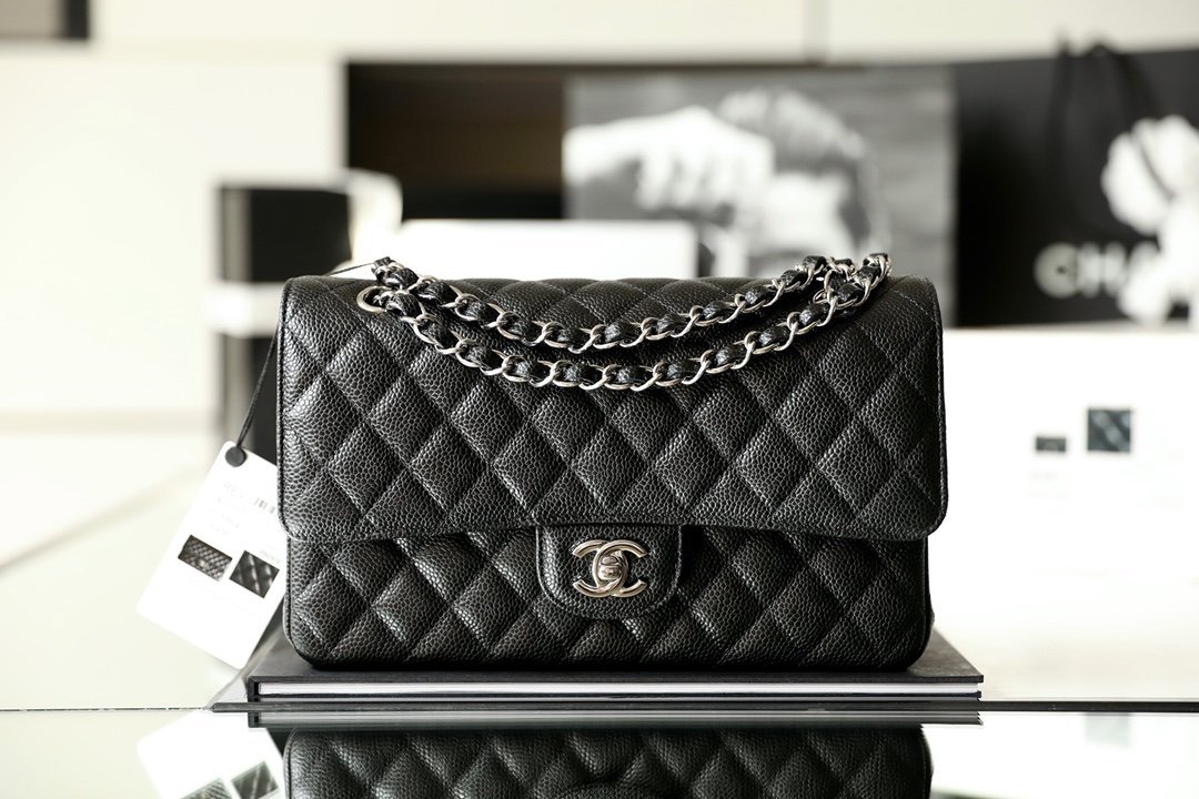 CHANEL Medium Classic Double Flap Bag – Black Caviar Leather with Silver-Tone Hardware detail image 1 sourced from womanlvbag.com