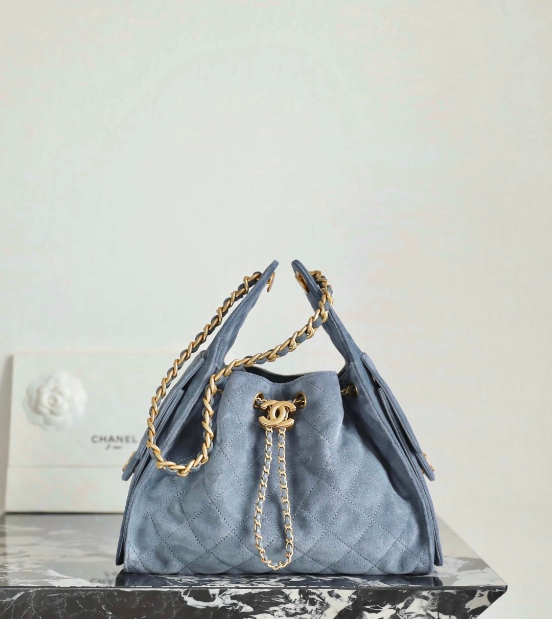 Chanel 25 Small Hobo Bag Suede Smoky Blue detail image 1 sourced from womanlvbag.com