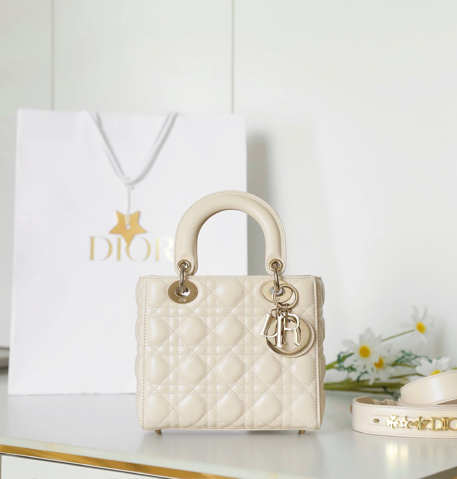 Lady Dior Bag (✦4-Slot✦ Pale Ivory Lambskin with Gold Hardware) detail image 1 sourced from womanlvbag.com