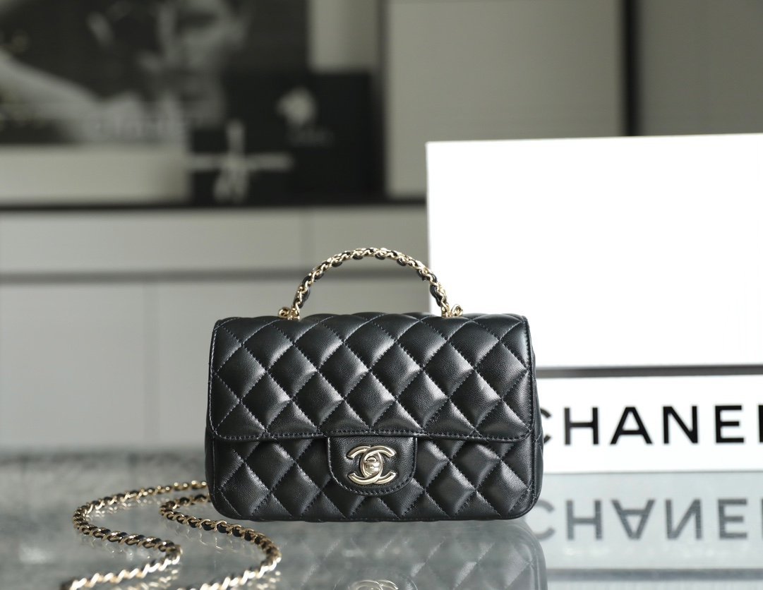 CHANEL Mini Classic Flap Bag with Crystal-Embedded Bijoux Handle – Black Lambskin with 14K Light Gold Hardware detail image 1 sourced from womanlvbag.com