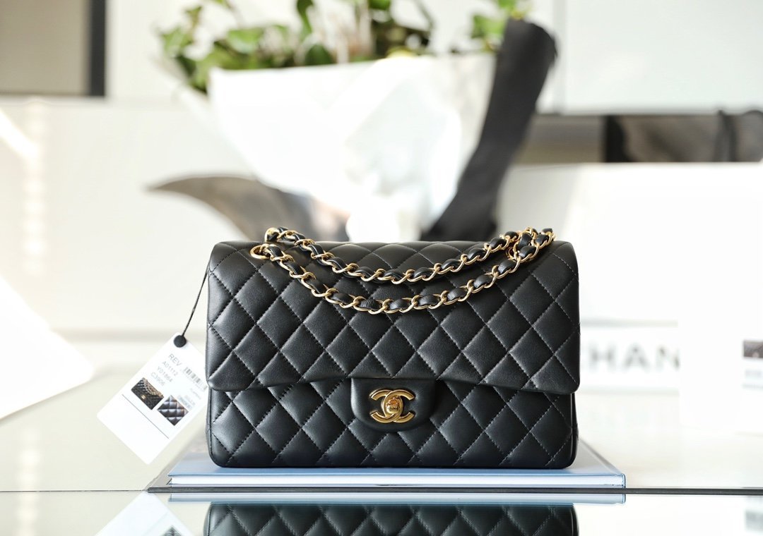 CHANEL Medium Classic Double Flap Bag – Black Lambskin Leather with 24K Shiny Gold Hardware detail image 1 sourced from womanlvbag.com