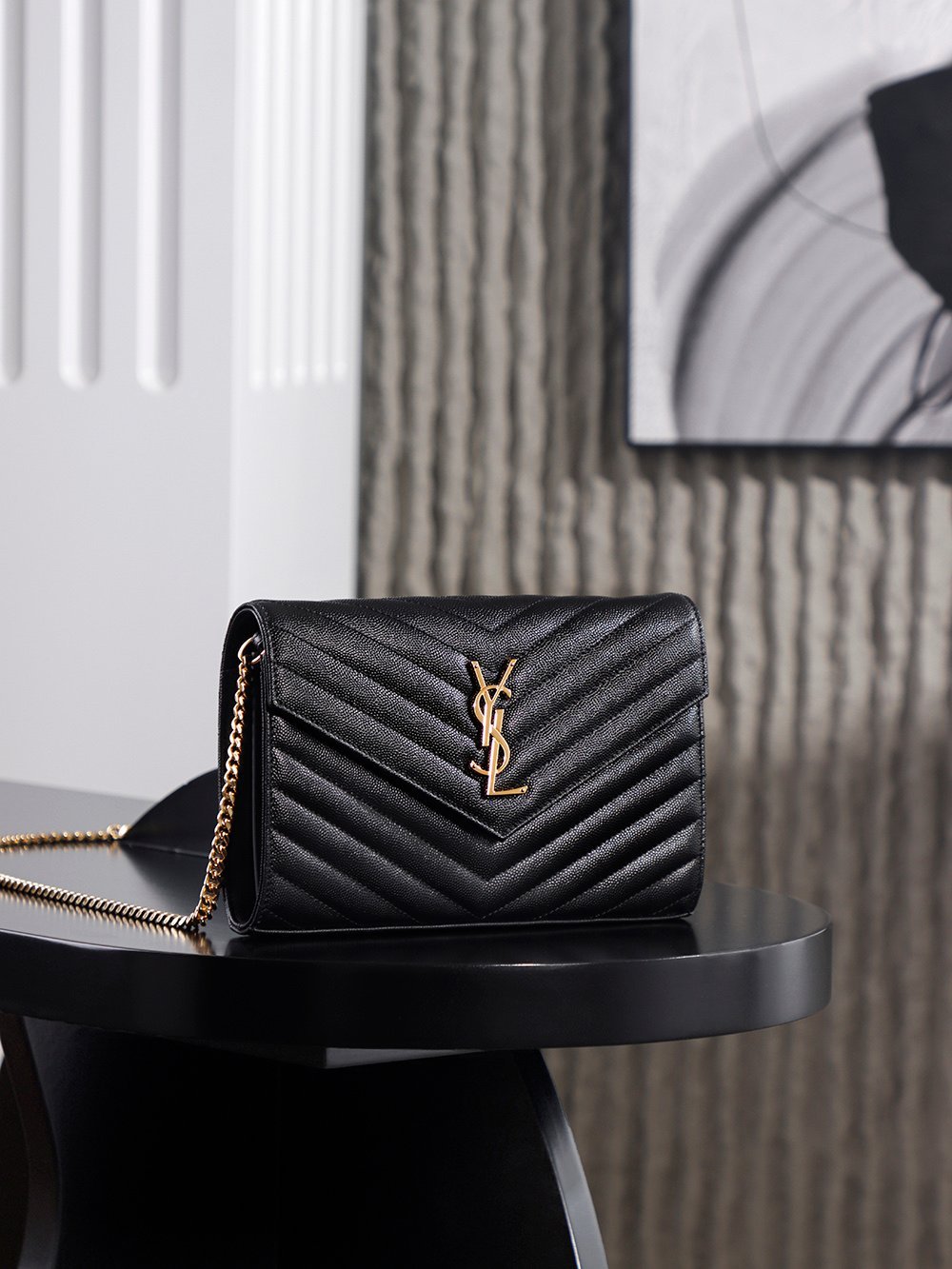SAINT LAURENT (YSL) CASSANDRE ENVELOPE Chain Wallet (Black & Gold) detail image 2 sourced from womanlvbag.com