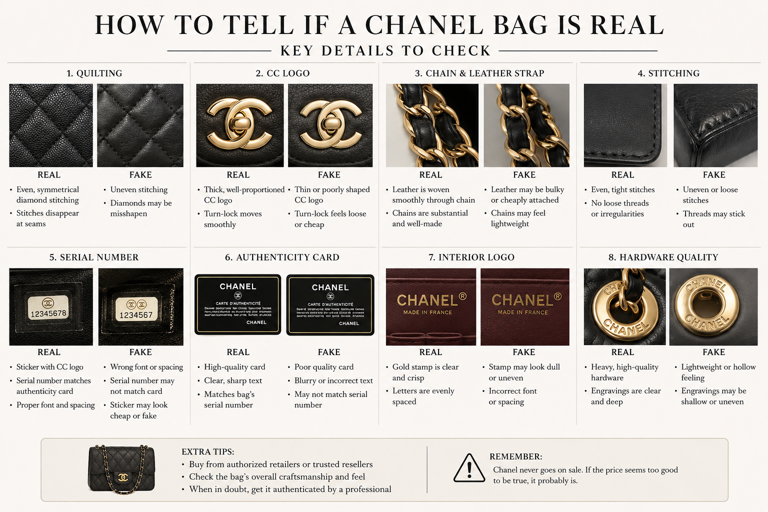 Infographic showing how to tell if a Chanel bag is real by checking quilting, CC logo, chain strap, stitching, serial details, interior logo, and hardware.
