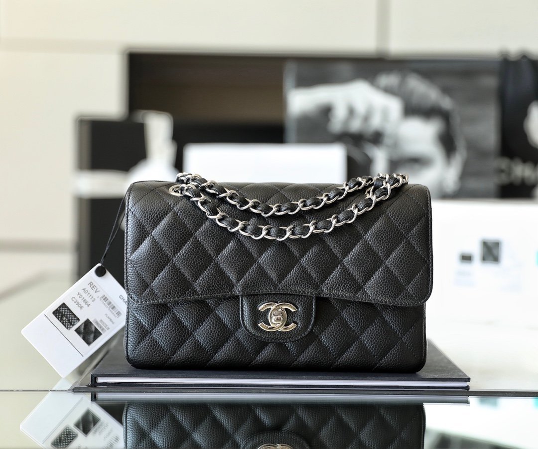 CHANEL Small Classic Double Flap Bag – Black Caviar Leather with Silver-Tone Hardware detail image 1 sourced from womanlvbag.com