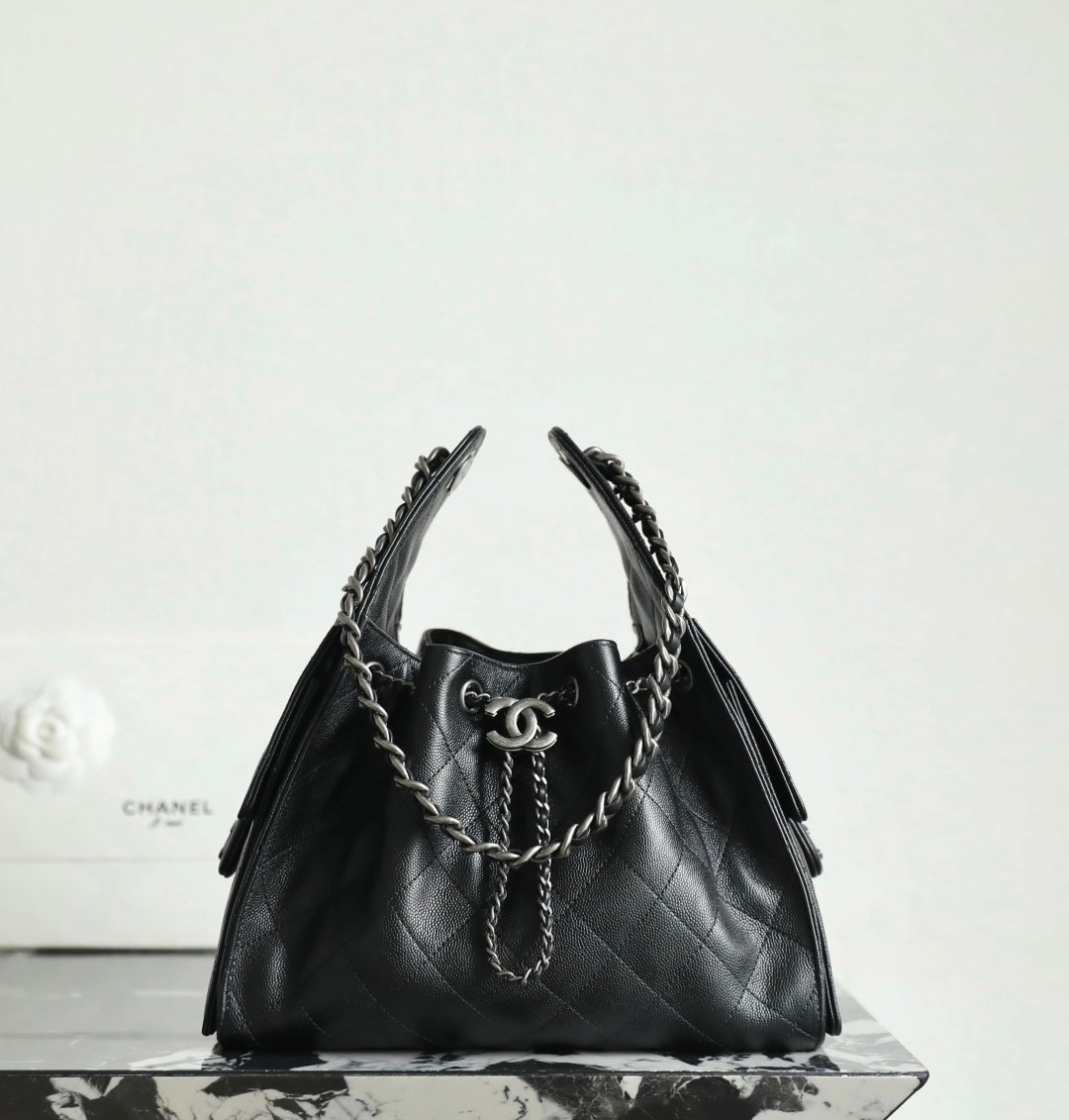 Chanel 25 Small Hobo Bag in Black with Silver Hardware detail image 1 sourced from womanlvbag.com