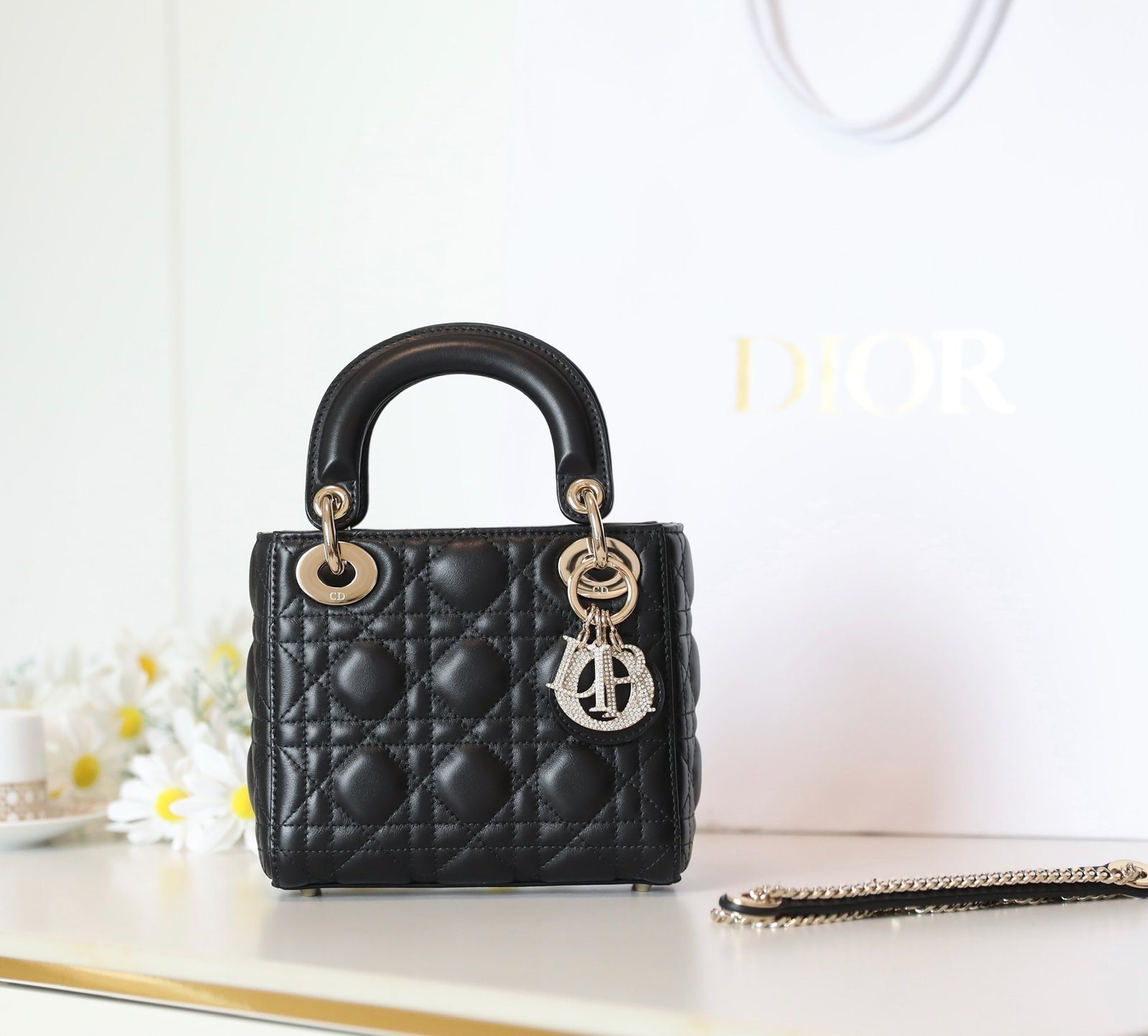 Mini Lady Dior Bag (Black Lambskin with Crystal Charms) detail image 1 sourced from womanlvbag.com
