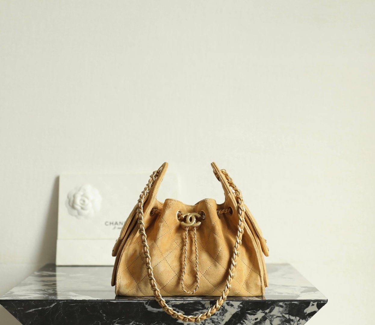 Chanel 25 suede hobo bag mini in pumpkin yellow calfskin suede with antique gold hardware