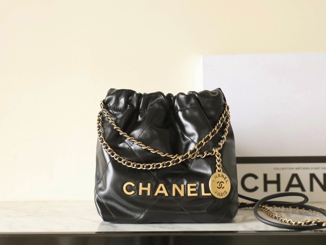 CHANEL Mini 22 Bag – Black Calfskin Leather with 24K Vintage Gold Hardware detail image 1 sourced from womanlvbag.com