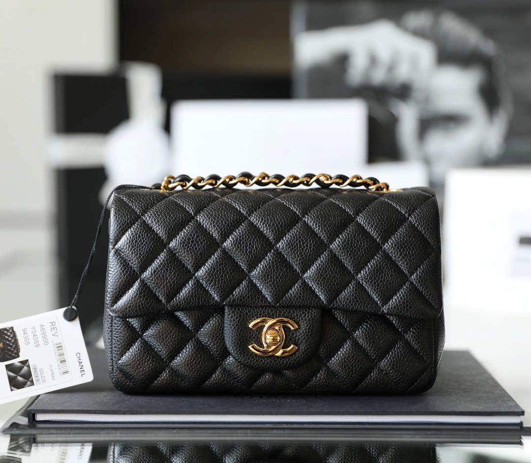 CHANEL Large Mini Classic Flap Bag – Black Caviar Leather with 24K Shiny Gold Hardware detail image 1 sourced from womanlvbag.com