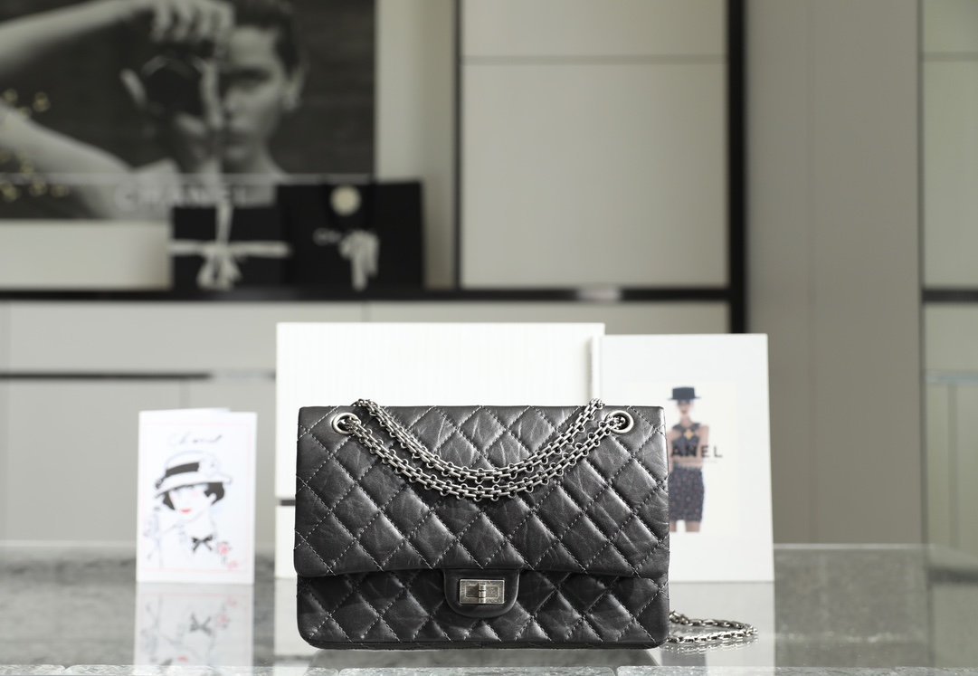 Chanel Large 2.55 Reissue Flap Bag black aged calfskin vintage silver hardware view 1
