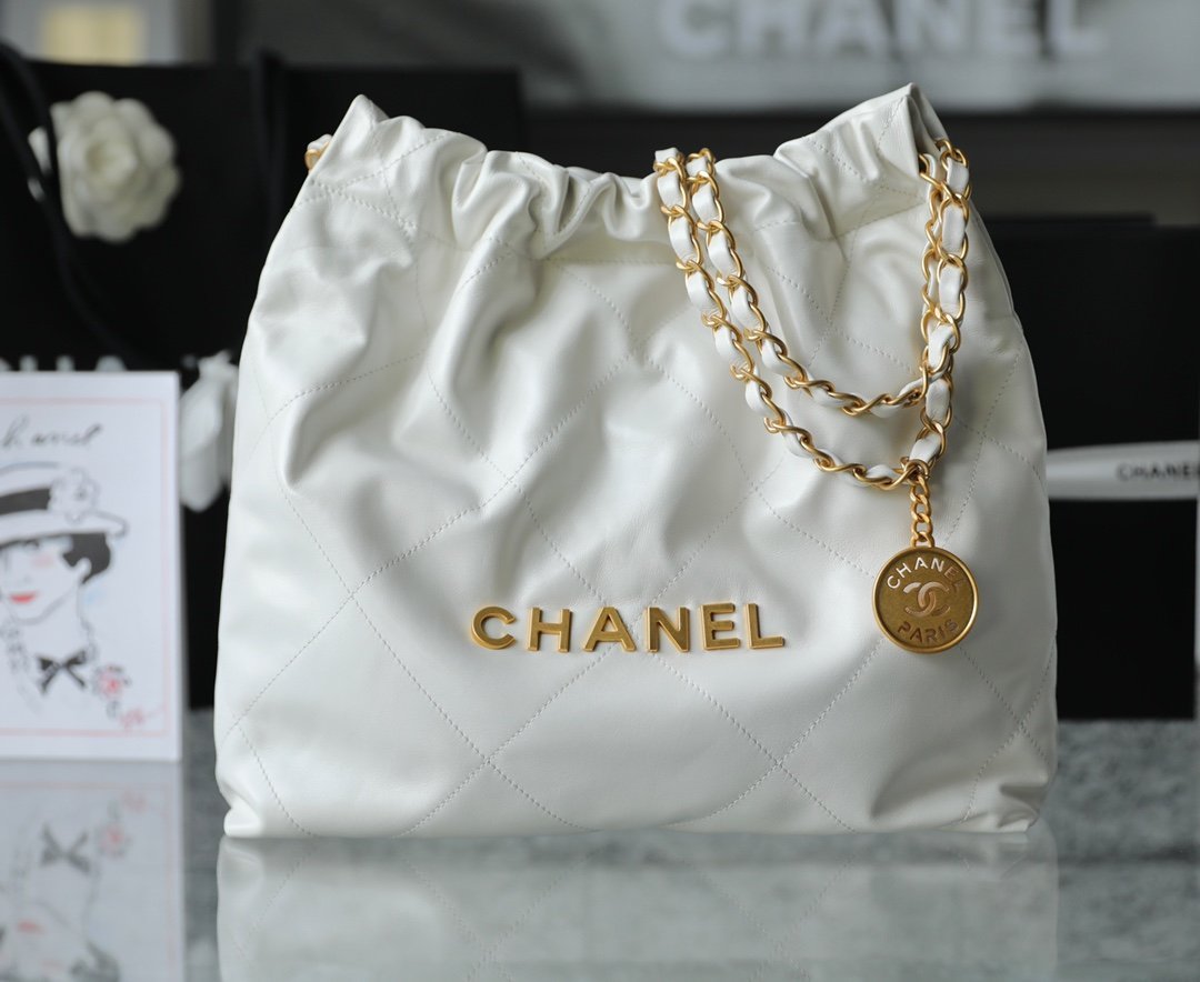 CHANEL Small 22 Bag – White Calfskin Leather with 24K Vintage Gold Hardware detail image 1 sourced from womanlvbag.com